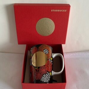 New Starbucks Dot Collection Black Mug Gold Red Floral Design with Red Box